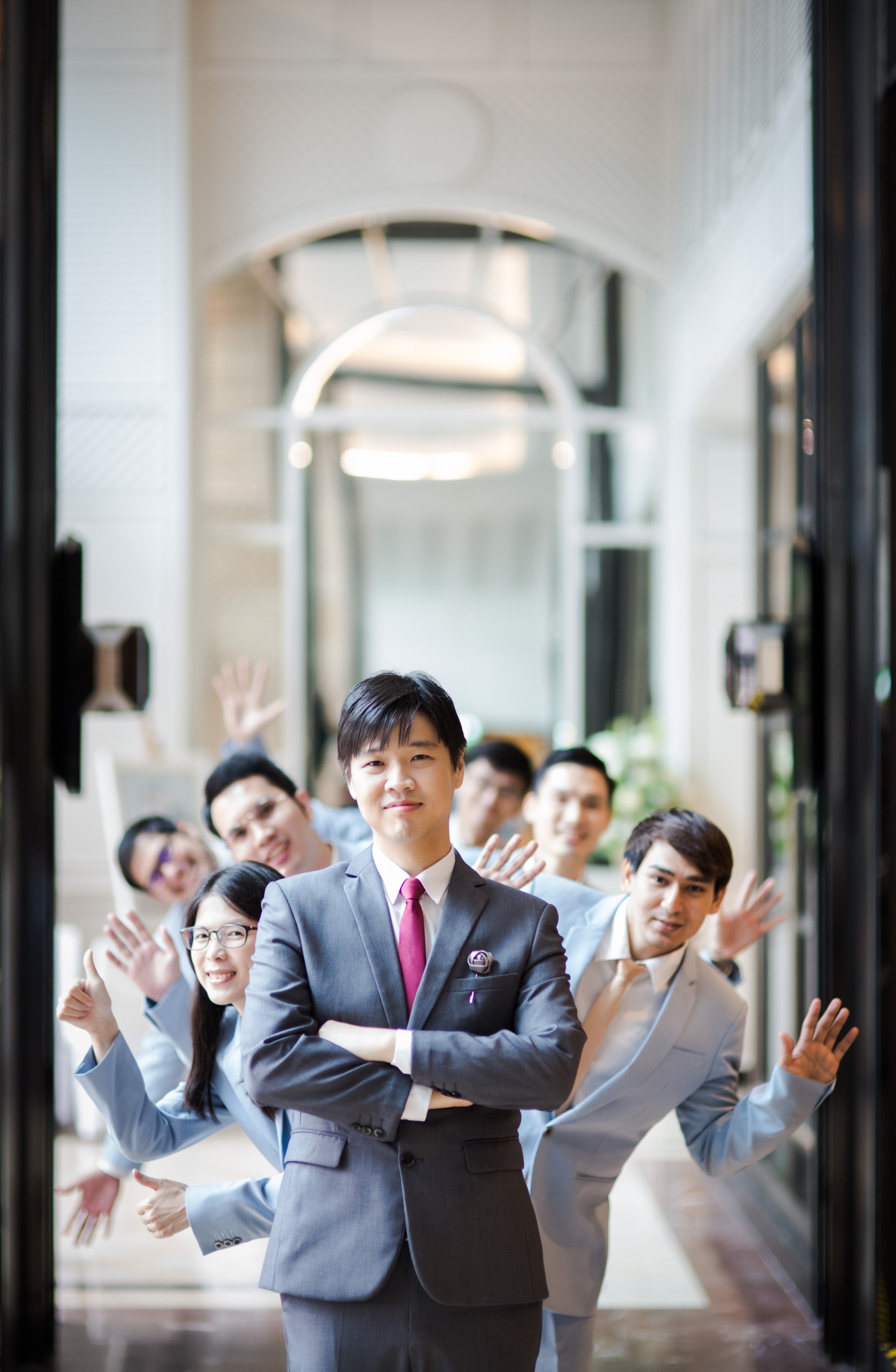 พร้อมเช่า สูทสีฟ้าพาสเทล Dusty Blue สูทเพื่อนเจ้าบ่าว ไม่มีเสื้อกั๊ก