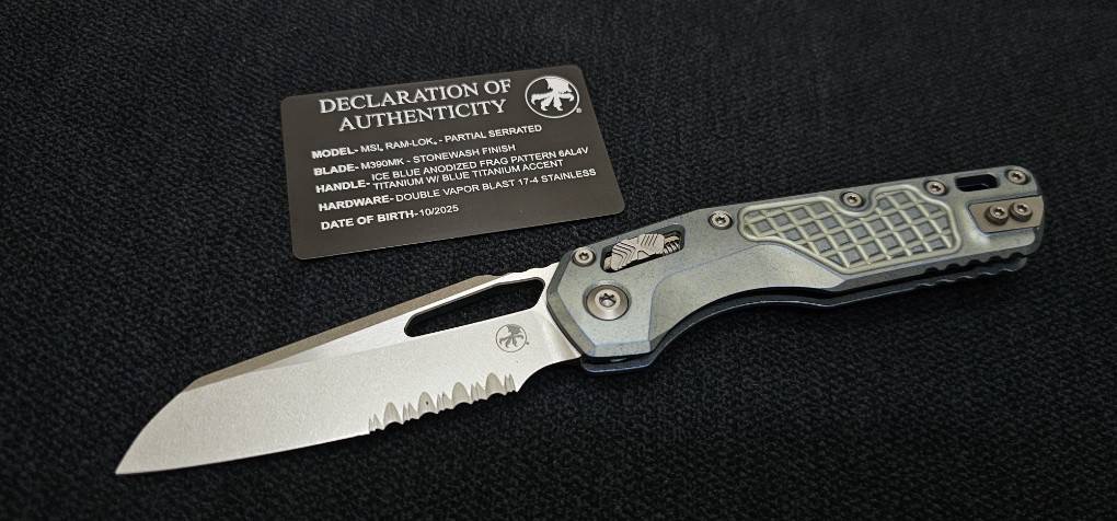 Microtech Marfione Select MSI RAM LOK Ice Blue Titanium Frag Handles w/ Double Vapor Blast & Blue Accents & Part Serrated Stonewash M390MK