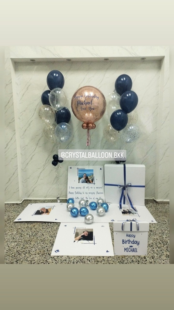 Happy Birthday Surprised Box กล่องเซอร์ไพรส์วันเกิด Bubble ขนาด 24" ยอดนิยม พร้อมตกแต่ง ช่อลูกโป่ง 2 ช่อ,ลูกโป่งใส ใส่กลิตเตอร์,สามารถใส่รูปได้ 4 ใบ สามารถเปลี่ยนสีลูกโป่ง/เปลี่ยนข้อความได้