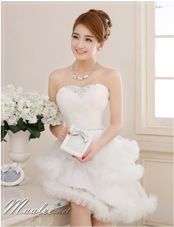 พร้อมเช่า ชุดแฟนซี ชุดราตรีสั้น สีขาว เกาะอก กระโปรงระบายเป็นชั้น ๆ ซิปหลัง