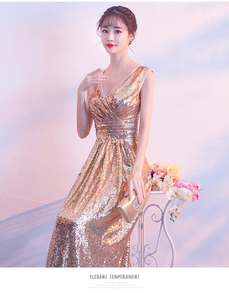 พร้อมเช่า ชุดราตรียาว แขนกุด สี Rose Gold แต่งเลื่อมทั้งตัว จับจีบช่วงเอว สวยหรู (ซิปหลัง)