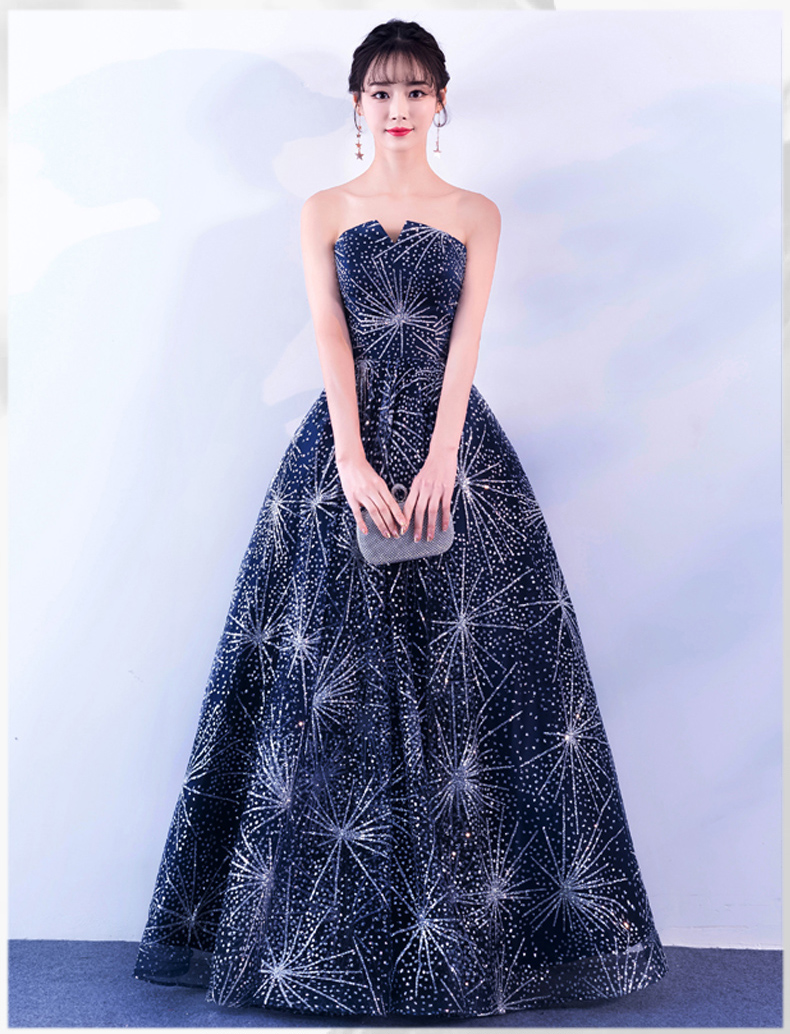 พร้อมเช่า ชุดแฟนซี ชุดราตรี เกาะอก สีNAVY BLUE กลิตเตอร์ทั้งตัว ลายอวกาศ