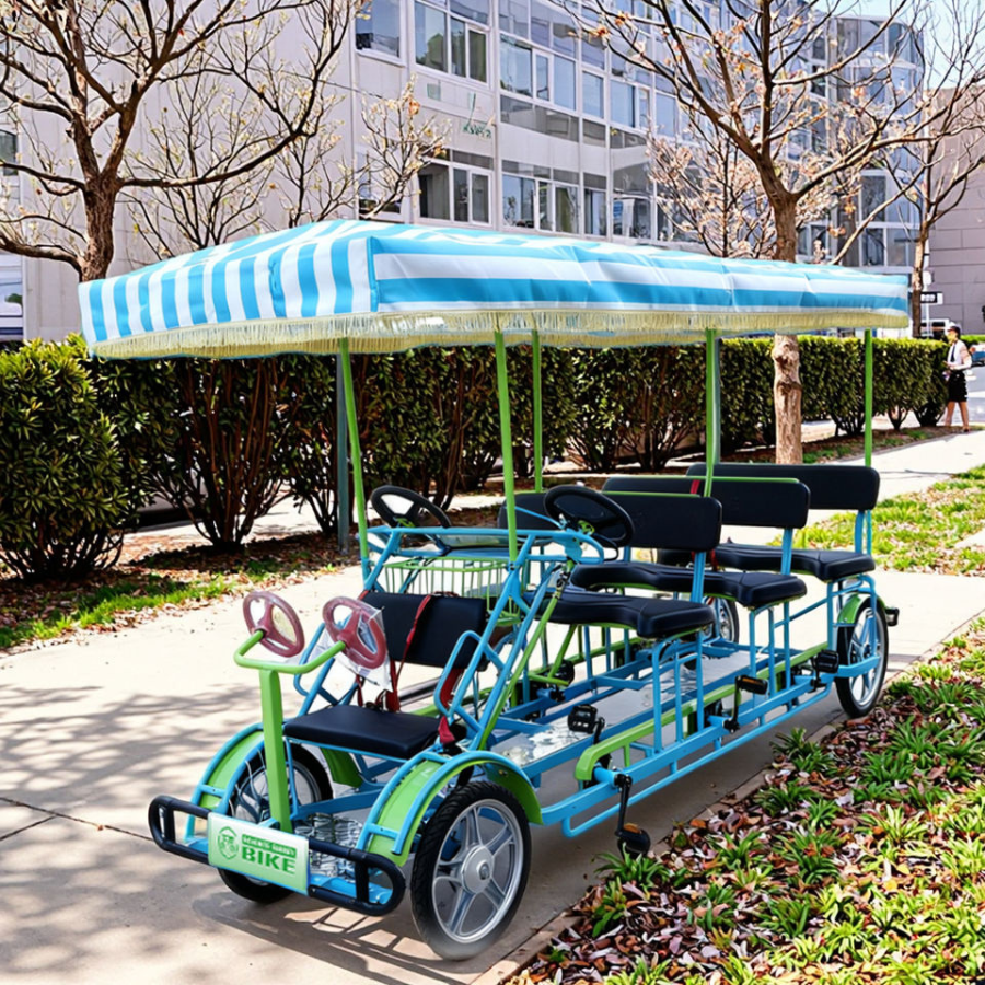 จักรยาน Surrey Bike 4 ล้อ 3 แถว 9 ที่นั่ง – Favorite FO-3 | กรอบเหล็กคาร์บอนหนา ทนสนิม สีสันสดใส | จักรยานปั่นกลุ่มสำหรับครอบครัวและท่องเที่ยว