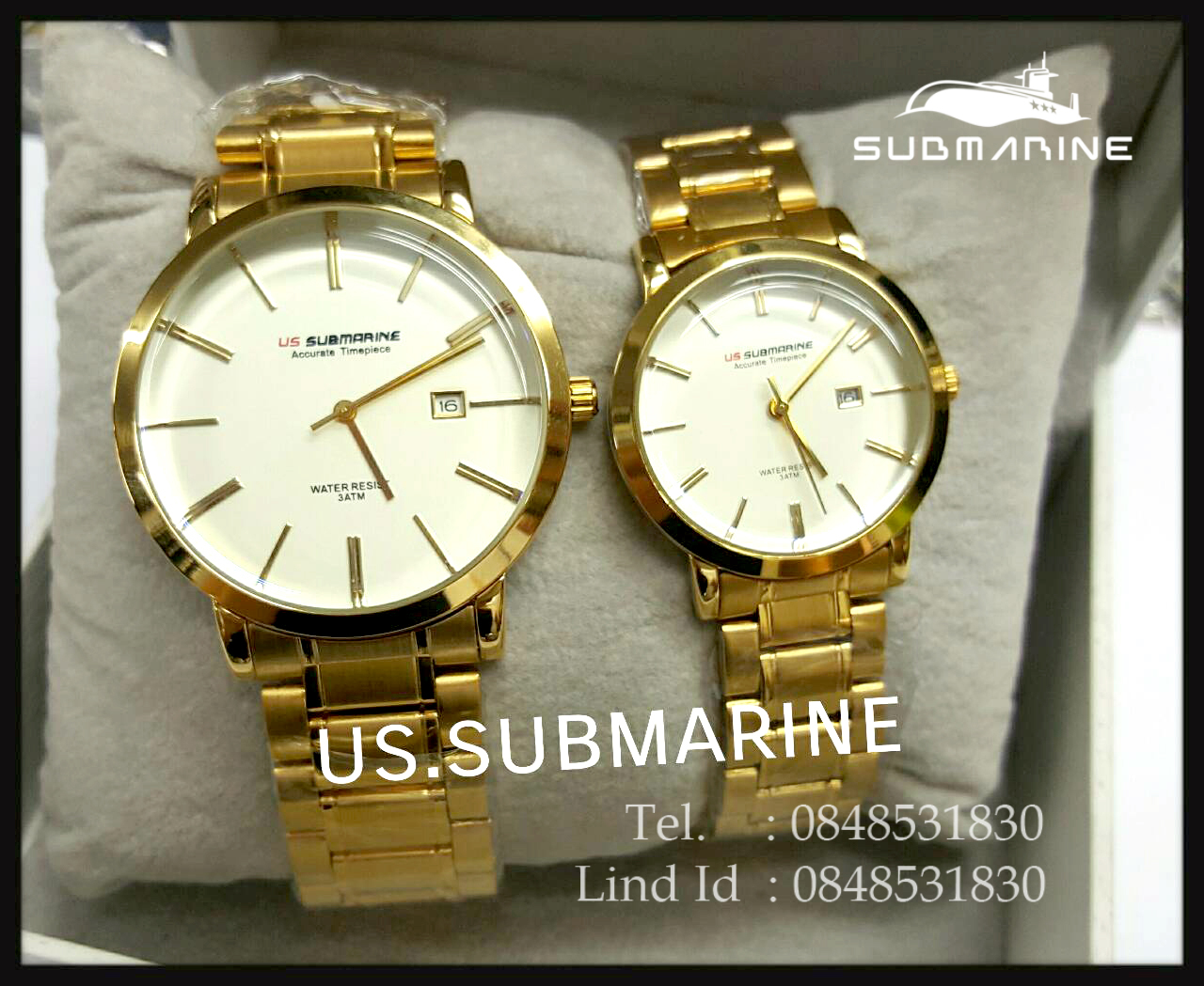 นาฬิกาคู่ US submarine รุ่น J117MD เรือนสีทองหน้าปัดสีขาว แพคคู่