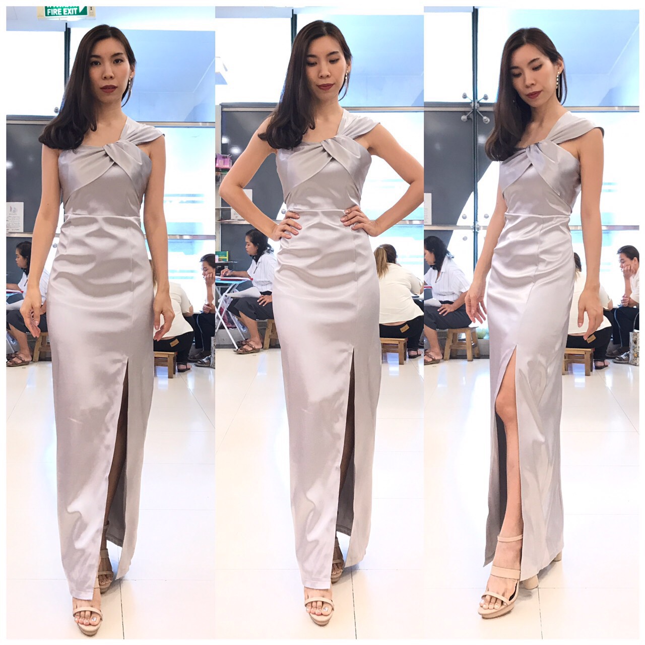พร้อมเช่า ชุดเดรส เดรสไหล่เดียว ผ้าดัชเชส ไหล่จับเดรป ผ่าหน้าขา สีเทา