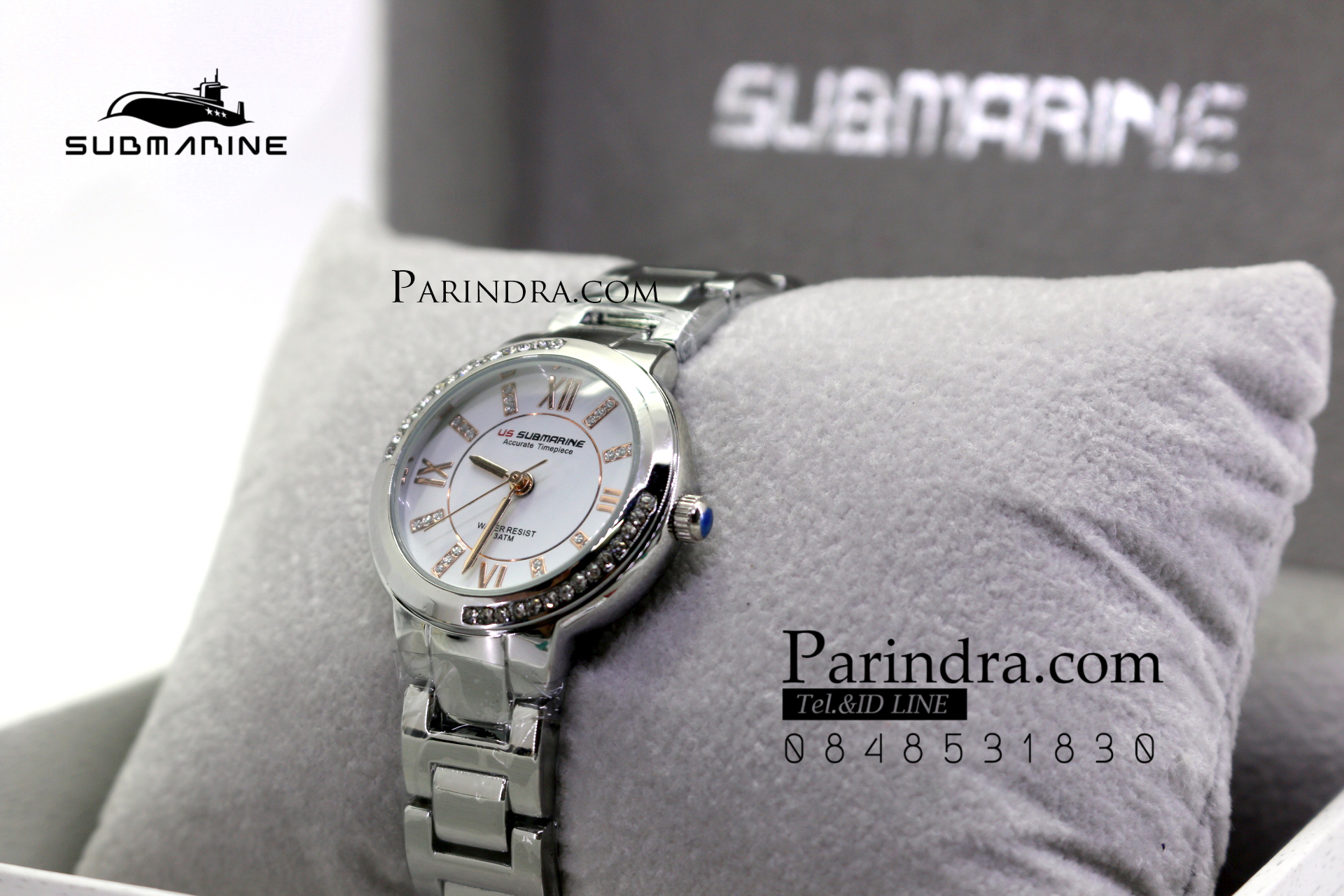 นาฬิกา US submarine รุ่น J120L กรอบหน้าปัดคริตตัล หน้าปัดสีขาวตัวเลลสีPINK GOLD สายสแตนเลสสีเงินเงา