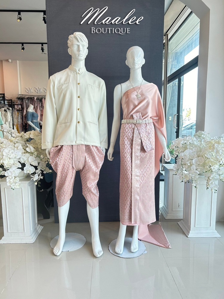 เช่า ชุดไทย ชุดเพื่อนเจ้าสาว ชุดไทยผ้าถุงสีโอวัลตินชมพูเงิน สไบเรียบ สีโอโรส