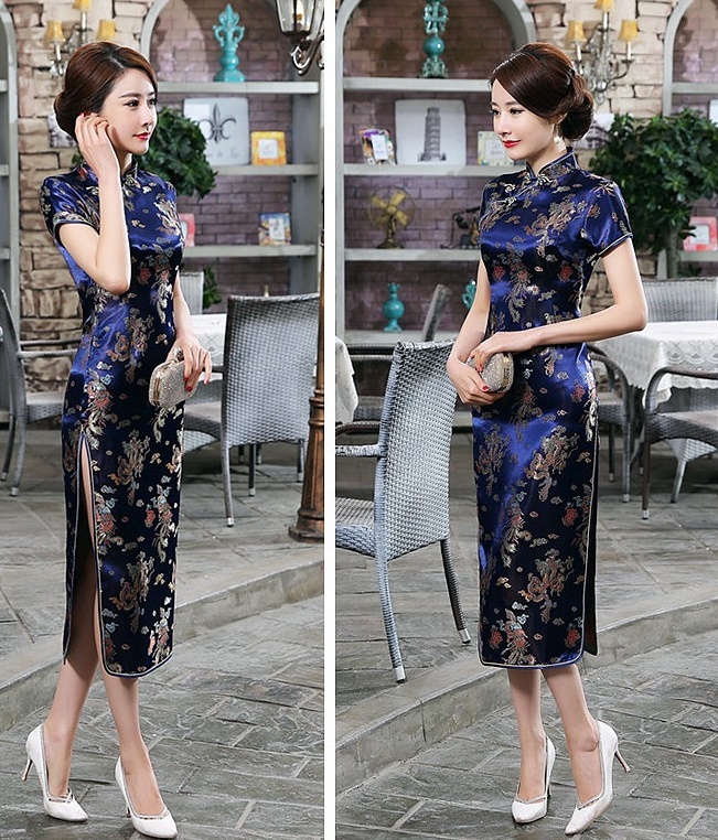 Pre-order กี่เพ้า สีน้ำเงิน ลายมังกรนกฟินิกซ์ ผ้าไหมจีน กุ๊นขอบ ตัดเย็บอย่างดี