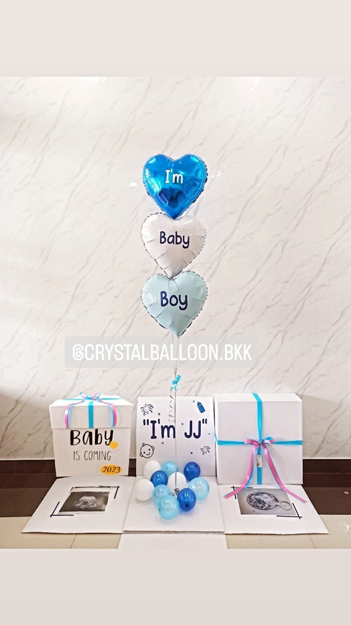 Welcome Baby Surprised Box กล่องเซอร์ไพรส์ต้อนรับน้อง ตกแต่งฟอยล์หัวใจ 18" 3 ชิ้น พร้อมตกแต่ง สามารถใส่รูปได้ 2 ใบ สามารถเปลี่ยนสีลูกโป่ง/เปลี่ยนข้อความได้