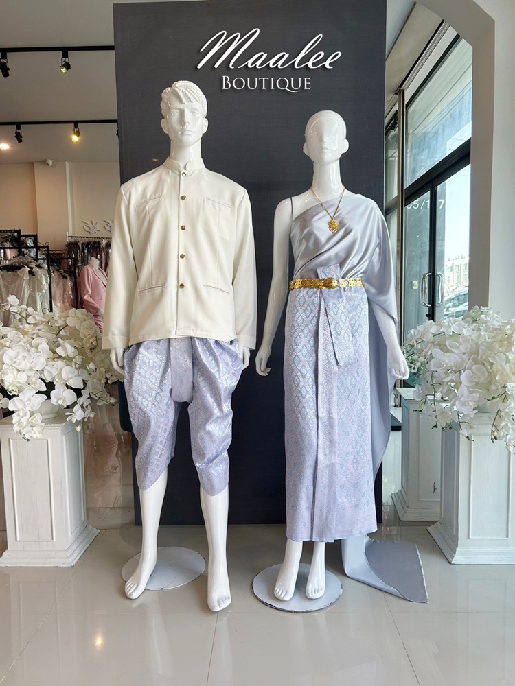 เช่า ชุดไทย ชุดเพื่อนเจ้าสาว ชุดไทยผ้าถุงสีชมพูฟ้าเงิน สไบเรียบสีเทา