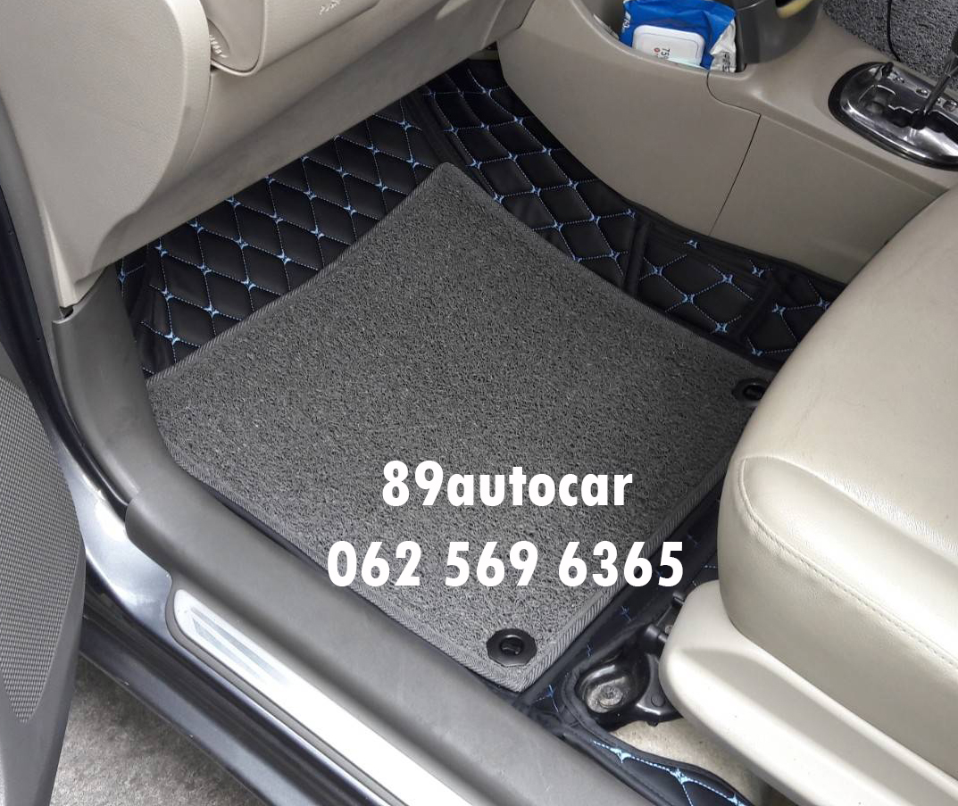 พรมในรถ Toyota Vios 2012 ปูพรม7D สีดำด้ายฟ้า เสริมพรมดักฝุ่นสีเทา เข้ารูป
