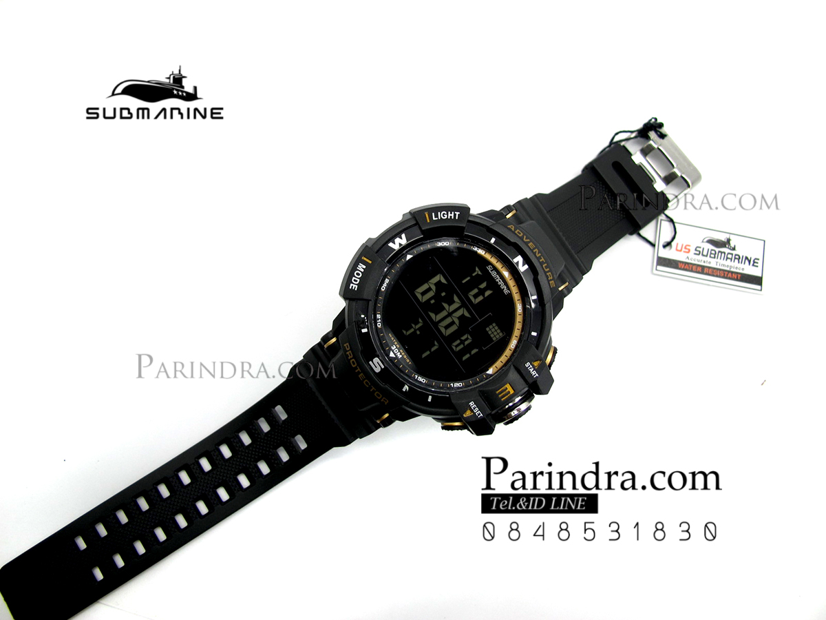 นาฬิกา US submarine TP1338M สีดำ-ทอง พื้นหลังดำ กรอบเข็มทิศระบบDigital
