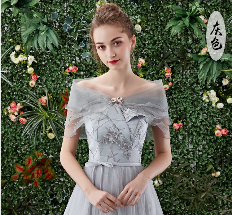 เสื้อคลุมชุดราตรี ผ้าแก้วออกันซ่า สีเทา พร้อมตะขอเพชรรูปโบว์
