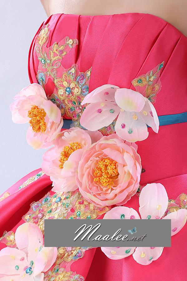 พร้อมเช่า ชุดแฟนซี ชุดราตรียาว เกาะอก สีฟ้า แต่งระบายสีบานเย็นสวย สองชั้น