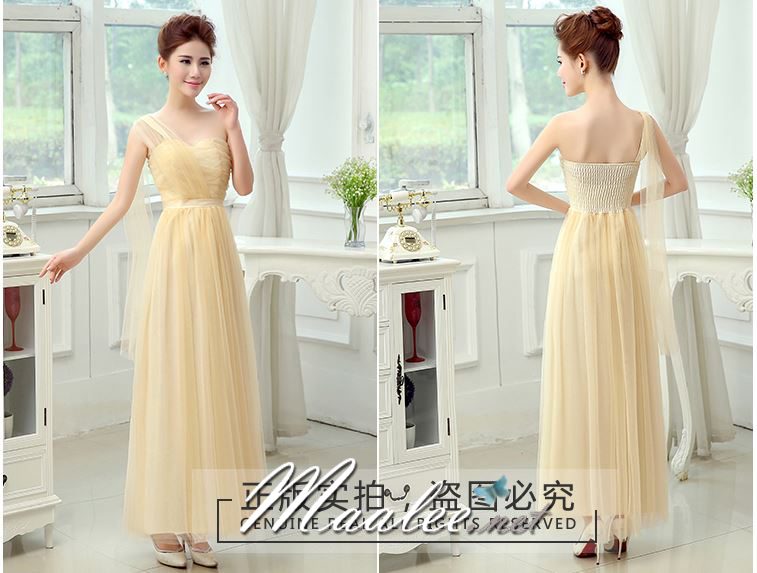 พร้อมส่ง ชุดราตรียาว แบบ C ไหล่เดียว อกจับจีบตีเกล็ด ผ้าคาดเอววาติน กระโปรงตาข่าย (จับสม๊อกด้านหลัง)