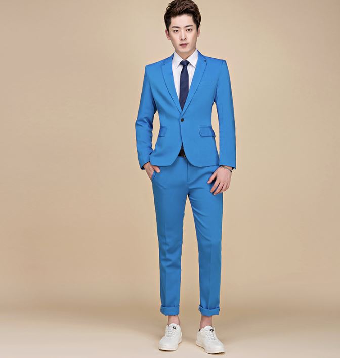 พร้อมเช่า ชุดสูทชาย สีฟ้าสด สไตล์เกาหลี กระดุมเดียว ไม่มีเสื้อกั๊ก