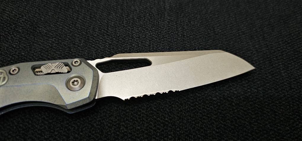 Microtech Marfione Select MSI RAM LOK Ice Blue Titanium Frag Handles w/ Double Vapor Blast & Blue Accents & Part Serrated Stonewash M390MK