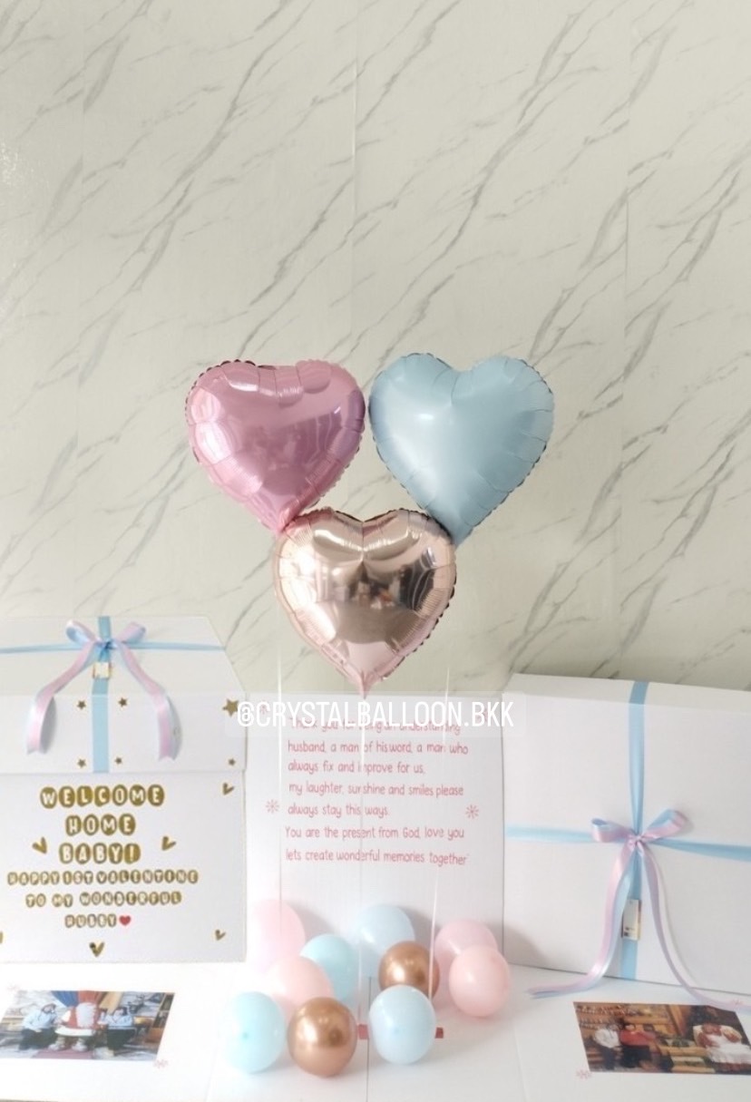 Surprised Box Welcome Home กล่องเซอร์ไพรส์โอกาสอื่นๆ ฟอยล์หัวใจ ขนาด 18" 3 ชิ้น พร้อมตกแต่ง สามารถใส่รูปได้ 2 ใบ สามารถเปลี่ยนสีลูกโป่ง/เปลี่ยนข้อความ/เปลี่ยนสี-ฟอยล์ตกแต่งได้