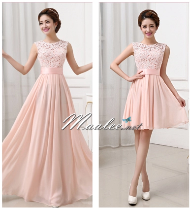 พร้อมส่ง ชุดราตรีสั้น สีชมพู แขนกุด ลูกไม้ฉลุ กระโปรงผ้าชีฟอง