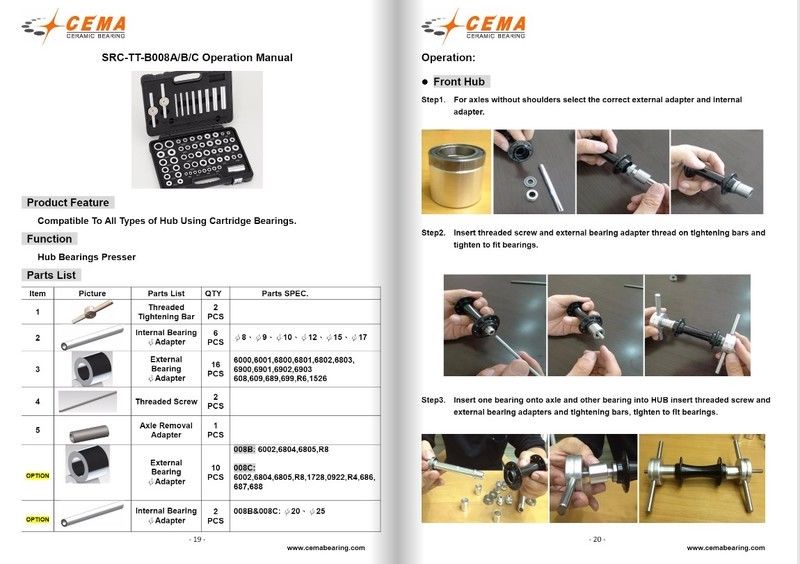 ชุดเครื่องมือถอด/อัด ลูกปืนแบบแบริ่งตลับ เครื่องมือเซอร์วิสลูกปืน CEMA Hub Bearings Presser SRC-TT-B008