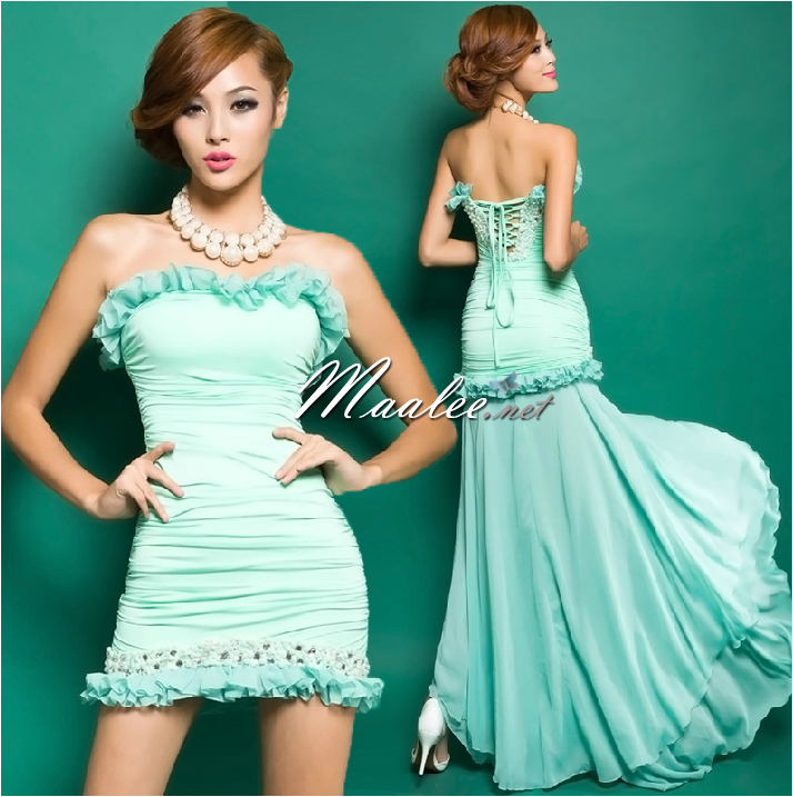 พร้อมเช่า ชุดเดรสสั้น เกาะอก สีดำ สุดเปรี้ยว ถอดหางปลาออกได้