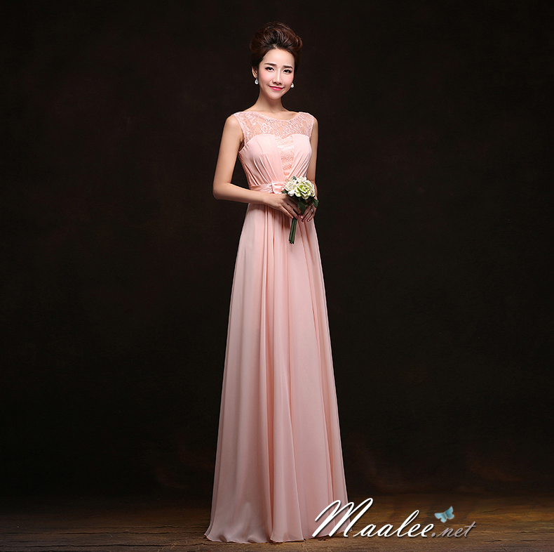 พร้อมส่ง ชุดราตรียาว แบบแขนกุด ผ้าชีฟอง แต่งผ้าลูกไม้ & โบว์ช่วงเอว สวยหวาน สีชมพู (เชือกผูกหลัง)