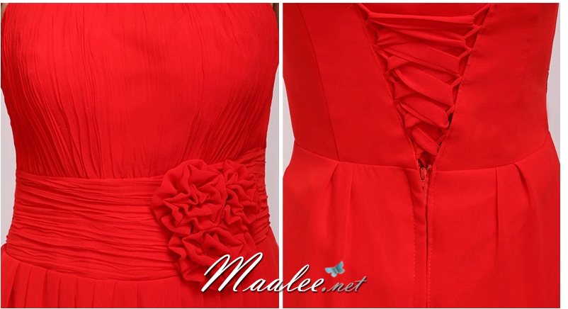 พร้อมเช่า ชุดราตรียาว แบบเกาะอก ผ้าชีฟอง ช่วงอกอัดพลีท แต่งดอกที่เอว สีแดง