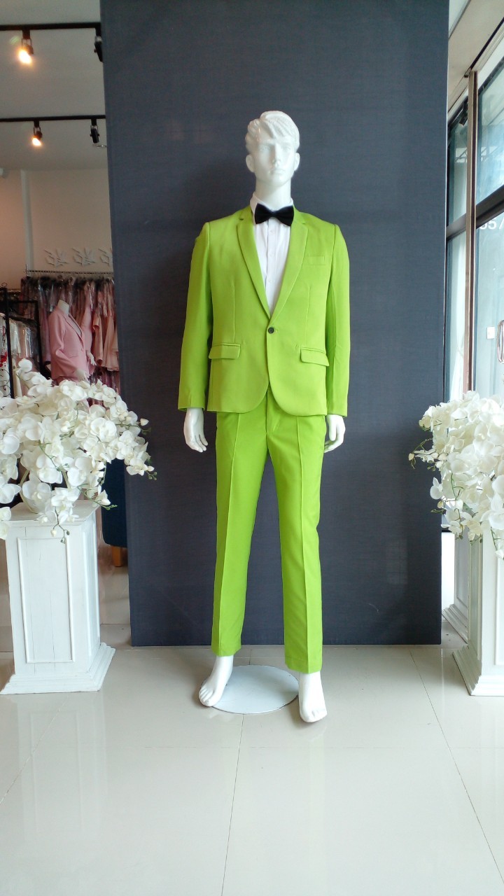 พร้อมเช่า ชุดสูทชาย สีเขียวอ่อน สไตล์เกาหลี (ไม่มีเสื้อกั๊ก)