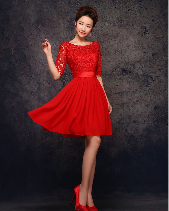 พร้อมส่ง ชุดราตรีสั้น สีแดง แขนสามส่วน ลูกไม้ฉลุ กระโปรงผ้าชีฟอง