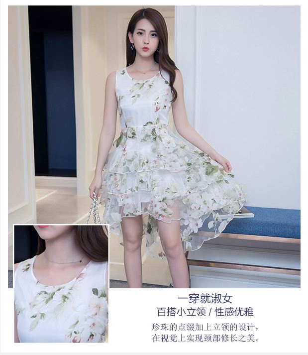 Pre-order เดรสขาว พรีเวดดิ้ง หน้าสั้นหลังยาว แขนกุด ลายดอกไม้เขียว เรียบหรู