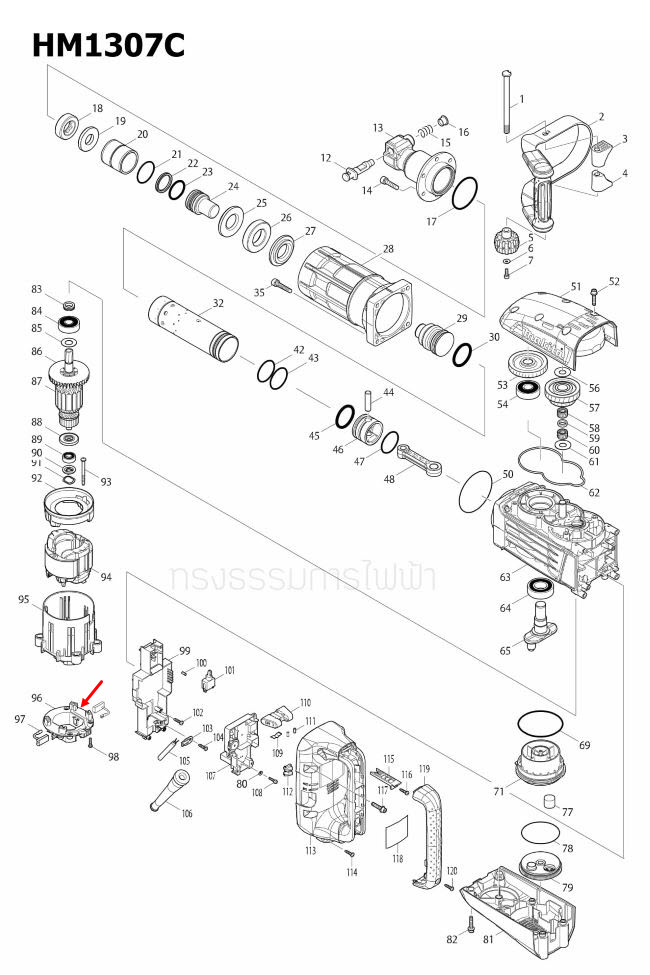 BRUSH HOLDER UNIT สกัดไฟฟ้า Makita มากีต้า HM1214C, HM1307C [#96] Pn.638447-4 (แท้) ##
