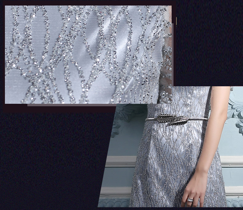พร้อมเช่า ชุดราตรียาว แบบไหล่ปาดแขนสั้น สีเทา แต่งเม็ดกากเพชรทั้งชุด มาพร้อมเข็มขัดรูปใบไม้สีทอง หรูมาก