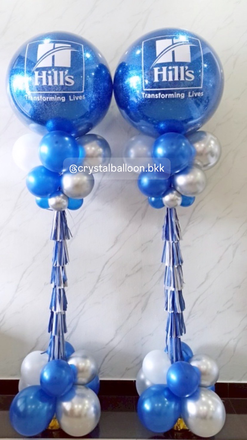เสาลูกโป่ง เปิดงาน Bubble ขนาด 36" กลิตเตอร์สีน้ำเงิน 2 เสา พร้อมตกแต่ง สามารถเปลี่ยนสีลูกโป่ง/เปลี่ยนข้อความได้