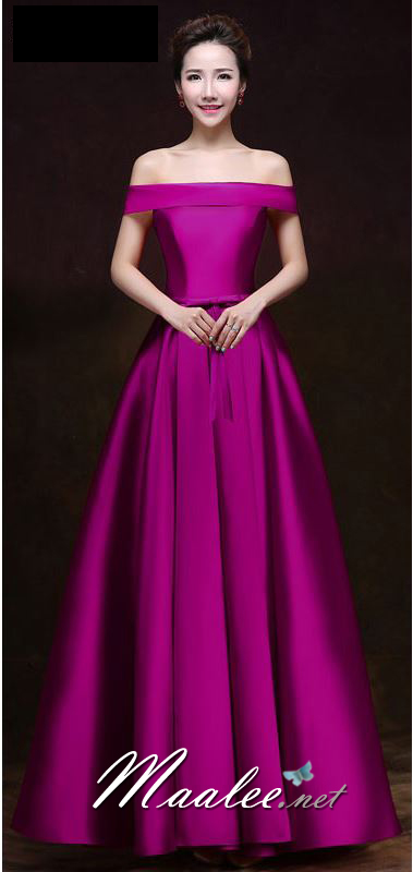 พร้อมส่ง ชุดราตรียาว แบบไหล่ปาด สไตล์วินเทจผ้าไหมดัชเชส กระโปรงทรงA แต่งโบว์2ชั้น ช่วงเอว สีม่วง (เชือกผูกหลัง)