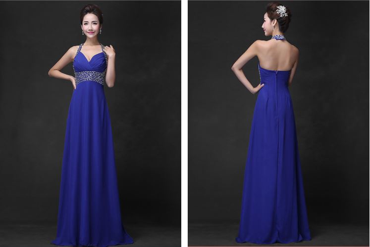 พร้อมส่ง ชุดราตรียาว สีน้ำเงิน แบบเก๋ คล้องคอ ช่วยยกเนินอกสวย