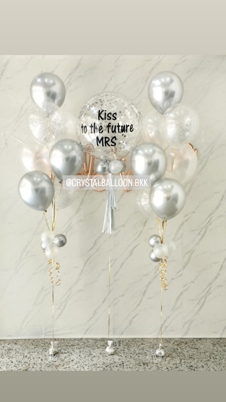 ลูกโป่ง Bride To Be Bubble ขนาด 24" คอนเฟตติสีเงิน พร้อม ช่อลูกโป่ง ช่อ 7 ลูก 2 ช่อ,ฟอยล์ตัวอักษรเขียน Bride To Be ขนาด 16" 1 ชิ้น พร้อมตกแต่ง สามารถเปลี่ยนสีลูกโป่ง/เปลี่ยนข้อความ/เปลี่ยนขนาดได้