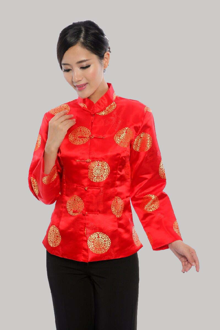 Pre-order เสื้อคอจีน ผู้หญิง ผ้าไหมจีน ทอลาย แขนยาว สีแดง