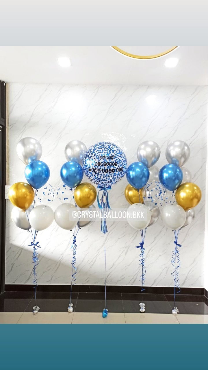 ลูกโป่ง วันเกิด Bubble ขนาด 24" Confetti สีน้ำเงิน พร้อม ช่อลูกโป่ง ช่อ 7 ลูก 4 ช่อ,ลูกโป่งใส ใส่ Confetti พร้อมตกเเต่ง สามารถเปลี่ยนสีลูกโป่ง/เปลี่ยนข้อความ/เปลี่ยนขนาดได้