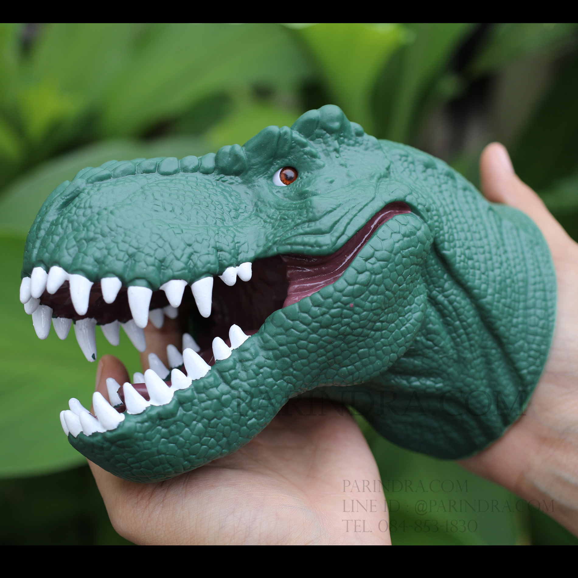 โมเดลยางสวมมือหัวไดโนเสาร์ T-REX สีเขียวแก่ ของเล่น
