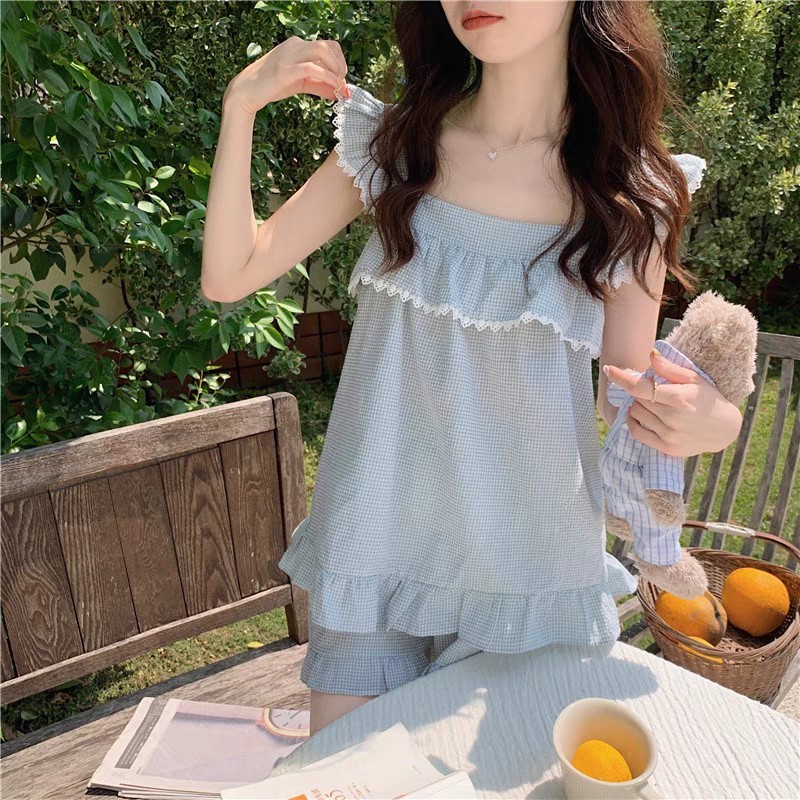 ชุดนอนสีฟ้าแต่งระบาย แบบ ซางจื้อ จากซีรี่ย์ แอบรักให้เธอรู้