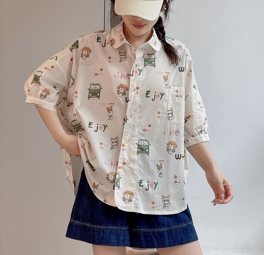 เสื้อผ้าฝ้ายลายน้องหมาแต่งกระเป๋า