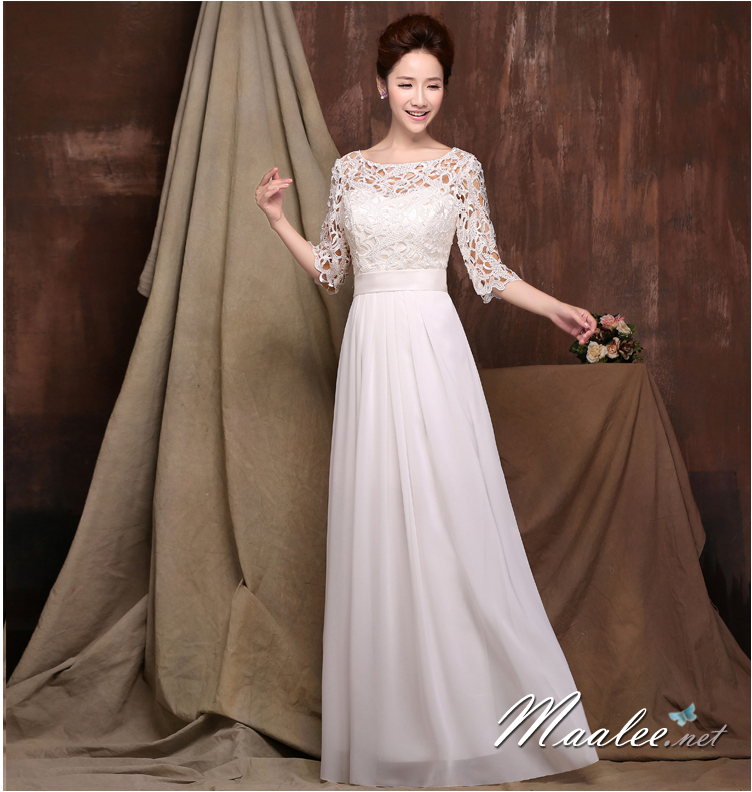 พร้อมส่ง ชุดราตรียาว สีขาว แขนสามส่วน ลูกไม้ฉลุ กระโปรงผ้าชีฟอง