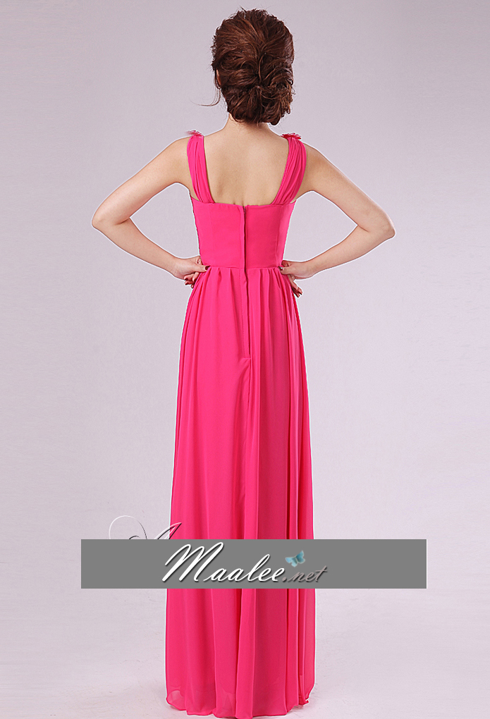 พร้อมส่ง ชุดราตรียาว สไตล์กรีก ผ้าชีฟอง สีชมพู Hot Pink คาดเอวผ้าซาติน เรียบหรู