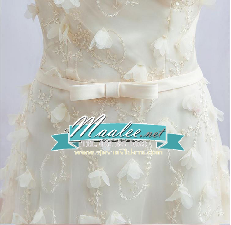 พร้อมส่ง ชุดราตรียาว แบบ B ไหล่ปาด สีครีม คอเว้า Sweet Heart ลูกไม้สามมิติทั้งตัว แบบB