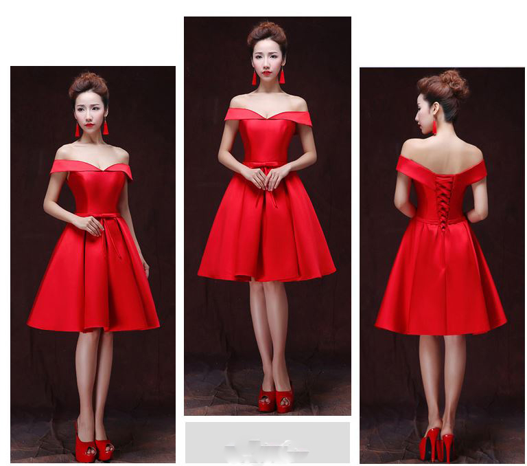 พร้อมเช่า ชุดราตรีสั้น แบบไหล่ปาด สไตล์วินเทจผ้าไหมดัชเชส กระโปรงทรงA แต่งโบว์ช่วงเอว (เชือกผูกหลัง) สีแดง