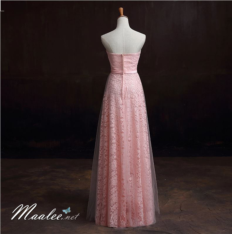 พร้อมเช่า ชุดราตรียาว เกาะอกลูกไม้ คลุมผ้าตาข่ายชั้นนอก แต่งโบว์ช่วงเอว สีชมพู