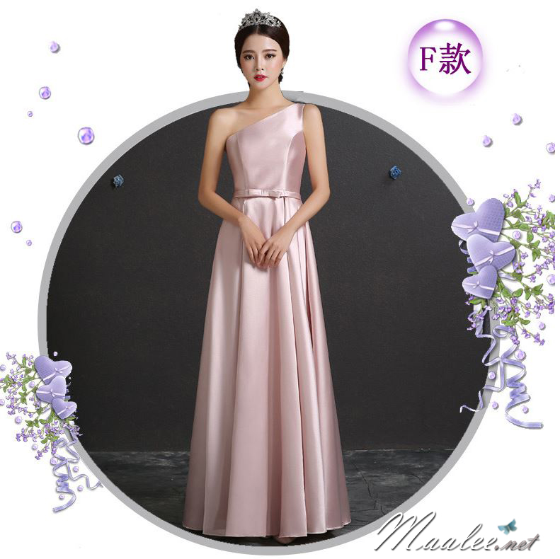 พร้อมเช่า ชุดราตรียาว ชุดเพื่อนเจ้าสาว สีชมพู Pastel แบบ F ไหล่เดียว ผ้าซาติน มีโบว์ช่วงเอว (เชือกผูกด้านหลัง)