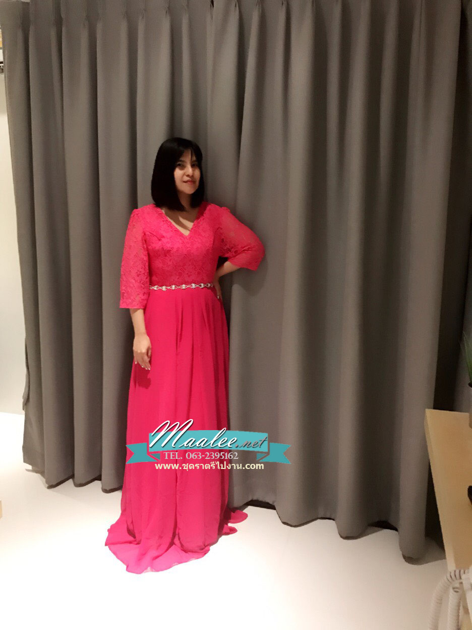 พร้อมเช่า ชุดราตรียาว สีชมพู บานเย็น ไซส์ใหญ่ แขนสามส่วน แต่งลูกไม้ กระโปรงผ้าชีฟอง เอวแต่งเพชร มีไซส์ XL - 3XL