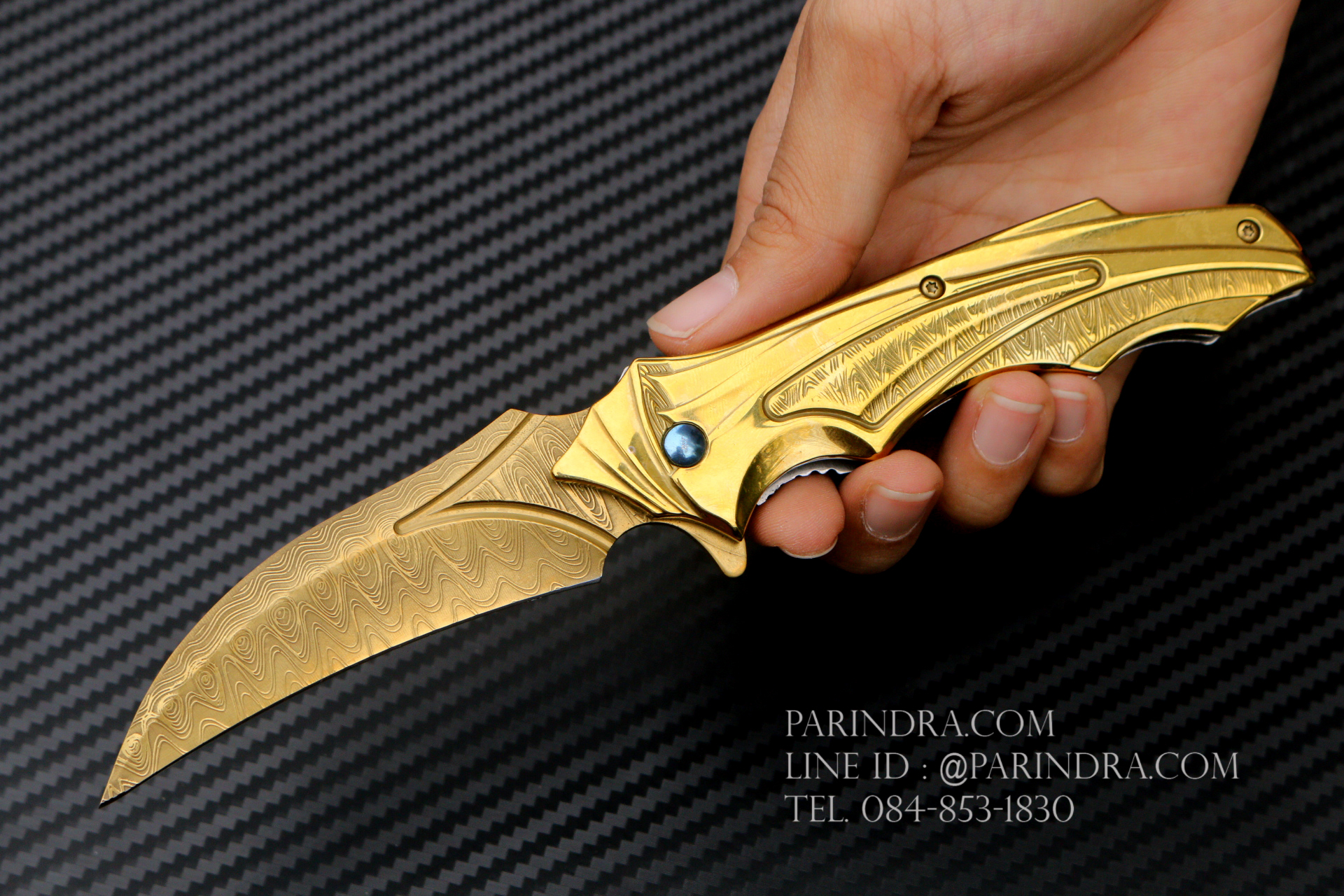 มีดพับทรงใบโค้ง ใบลายดามัสกัส สีทอง สวยมาก