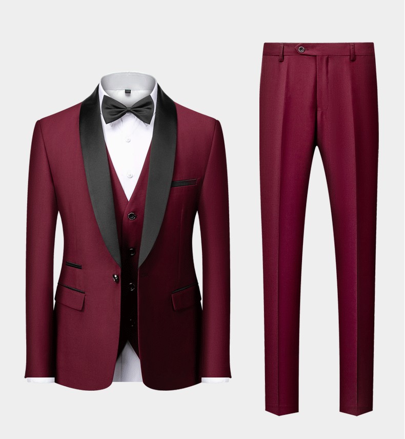 พร้อมเช่า ชุดสูททักซิโด้ สีเบอร์กันดี ปกกล้วย Tuxedo Suit with Shawl Collars (พร้อมเสื้อกั๊ก)